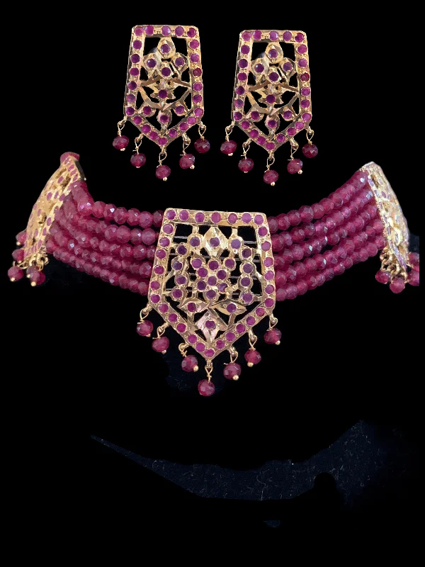 Elegant Wedding Earrings-C102  Indu Hyderabadi Jadau choker with earrings In ruby beads ( READY TO SHIP )