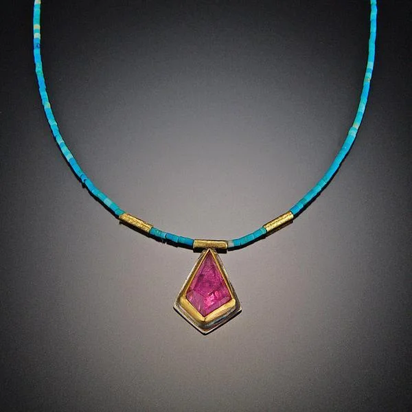 Gold Statement Necklace-Pink Tourmaline and Turquoise Beaded Necklace