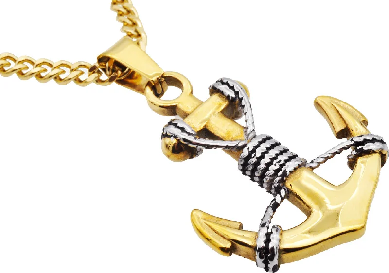 Unique Silver Bar Necklace-Mens Two Tone Gold Stainless Steel Anchor Pendant Necklace With 24" Curb Chain