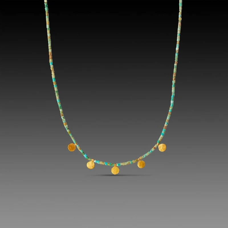 White Diamond Necklace-Gold Disk and Turquoise Beaded Necklace