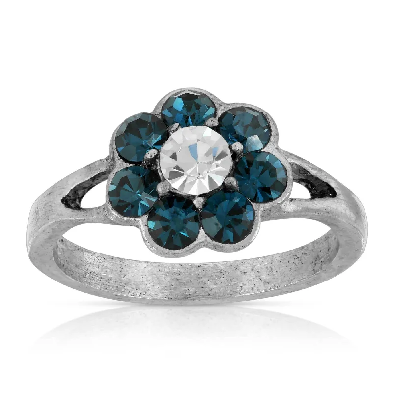 Colorful Wedding Ring-1928 Jewelry Pewter Clear And Dark Blue Crystal Flower Ring Size 7