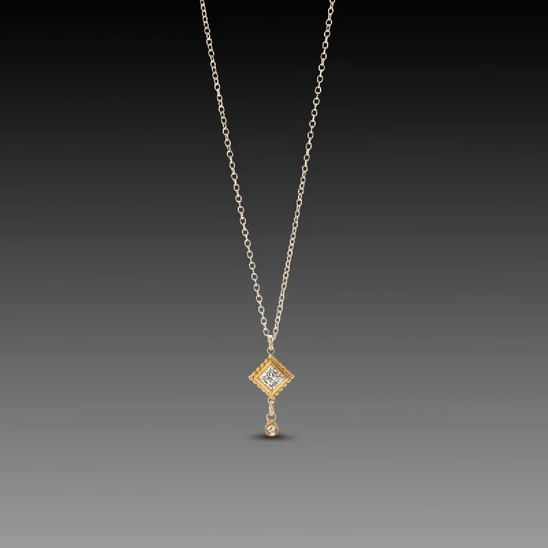 Gold Bead Chain Necklace-Delicate Square Diamond Necklace