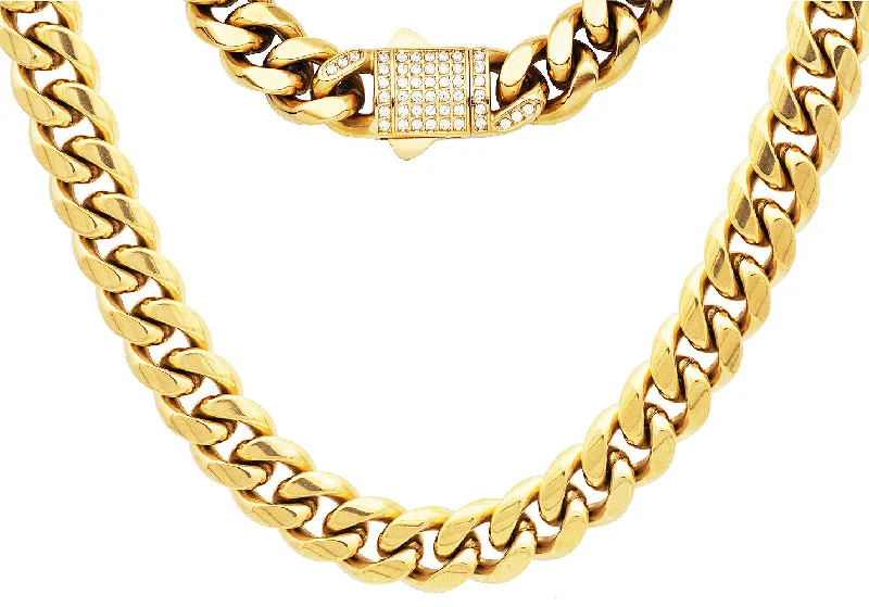 Custom Gold Necklace-Men's 12mm Gold Stainless Steel Miami Cuban Link Chain Necklace With CZ Box Clasp