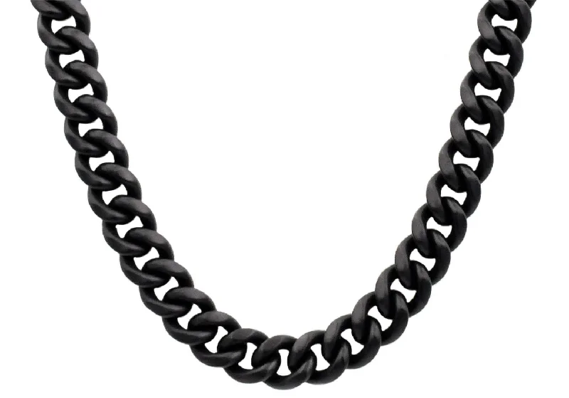 Simple Silver Necklace-Mens 14mm Matte Black Stainless Steel Miami Cuban Link Chain Necklace