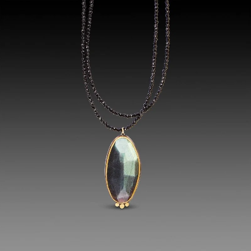 Simple Crystal Pendant Necklace-Rose Cut Labradorite on Long Black Spinel Necklace