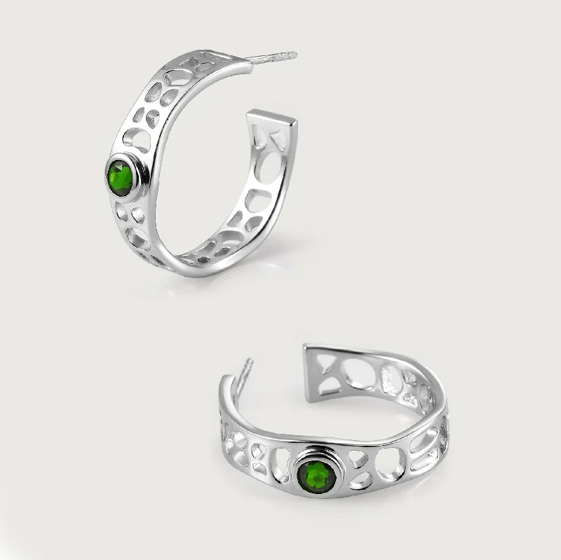 Bridal Earrings for Weddings-Lattice Solitaire Hoops with Chrome Diopside