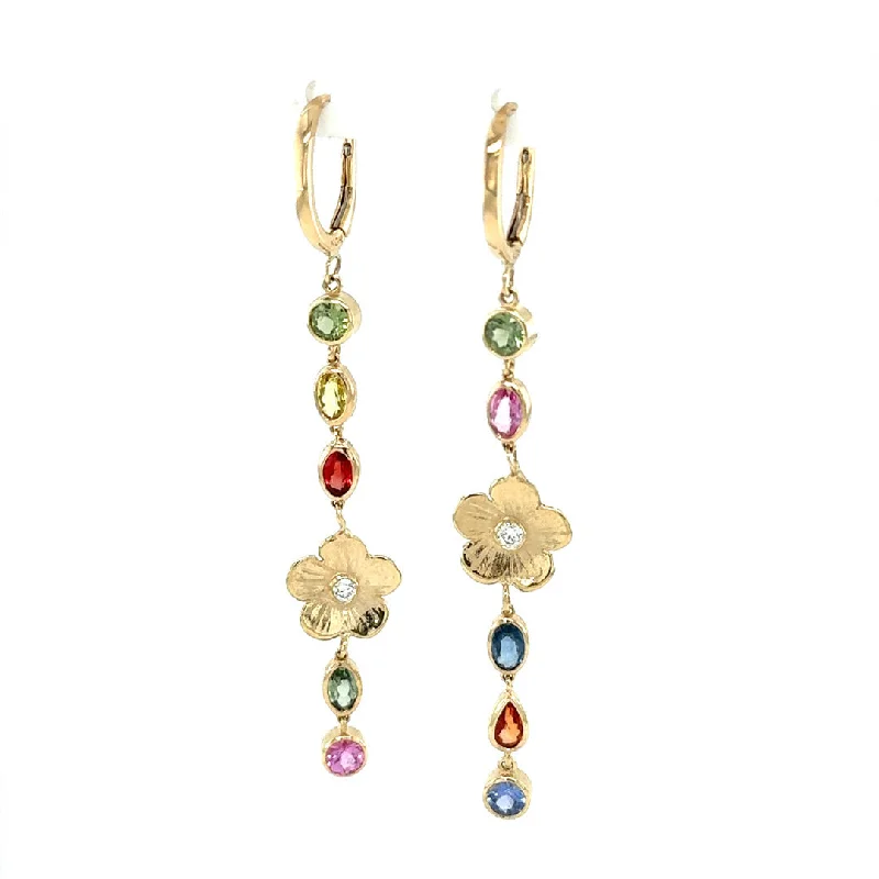 Gold Hoop Earrings for Women-Rainbow Sapphire & Diamond Petunia Earrings