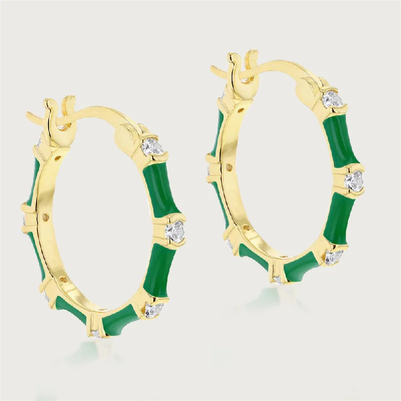 Silver Earrings for Weddings-Taffy Enamel Bamboo Hoops With Zircons