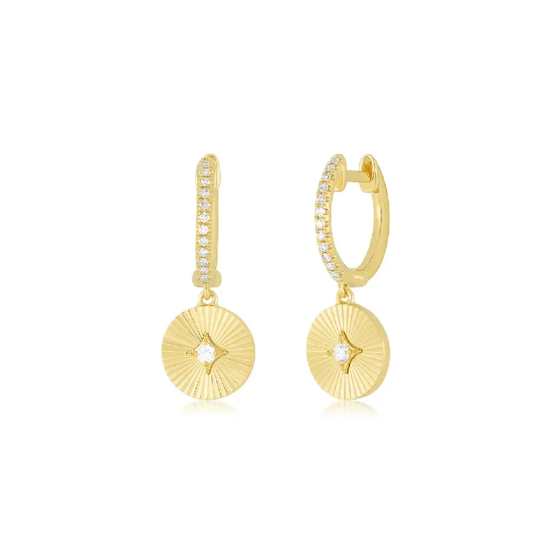 Luxury Gold Earrings-Gold and Diamond Fluted Disk Drop Huggies