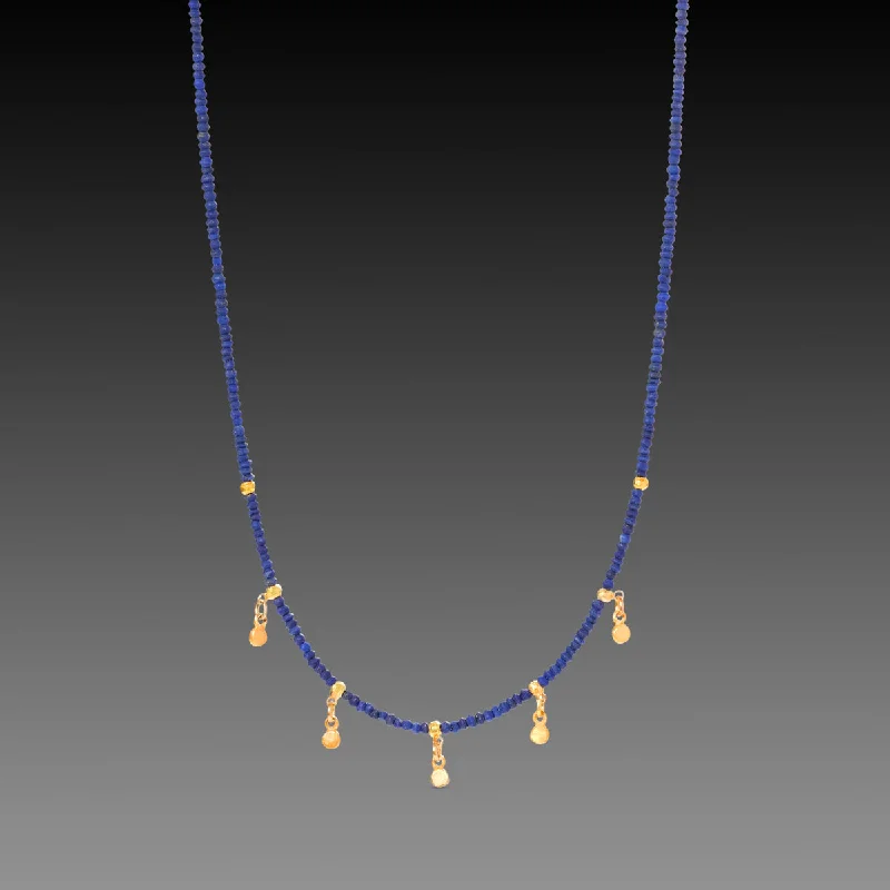 Crystal Beaded Necklace-Lapis & Gold Drops Necklace