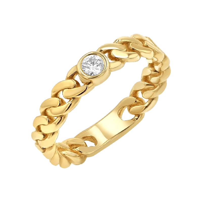 Gold Wedding Band for Women-Diamond Solitaire Cuban Link Ring