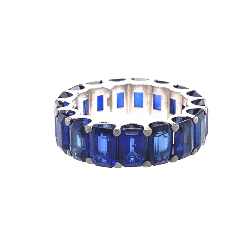 Rose Gold Wedding Ring Set-Blue Sapphire Emerald Cut Eternity Band Ring