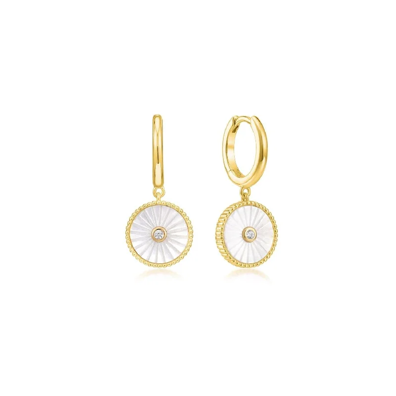 Gold Stud Earrings-Mini Huggie Hoops With Mop & Cz Drop Earrings