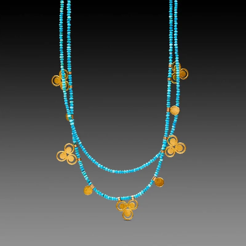 Boho Gemstone Necklace-Turquoise Bead Necklace with 22k Filigree Trios