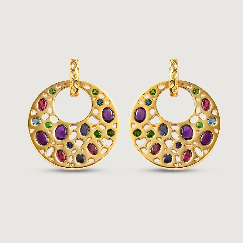 Eco-Friendly Hoop Earrings-Lattice Disc Multi Gems Drop Earrings