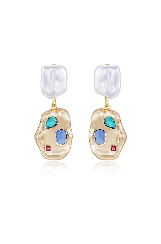 Classic Round Earrings-Rainbow Crystal Nugget & Pearl Earrings