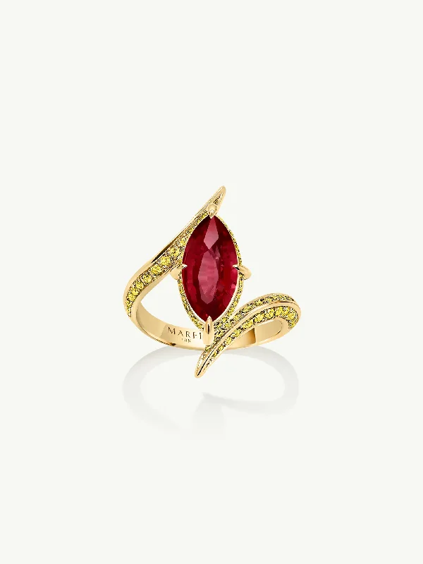 Custom Wedding Band with Diamonds-Ayla Arabesque Engagement Ring With Marquise-Cut Ruby With Pavé-Set Brilliant Vivid Yellow Diamonds In 18K Yellow Gold