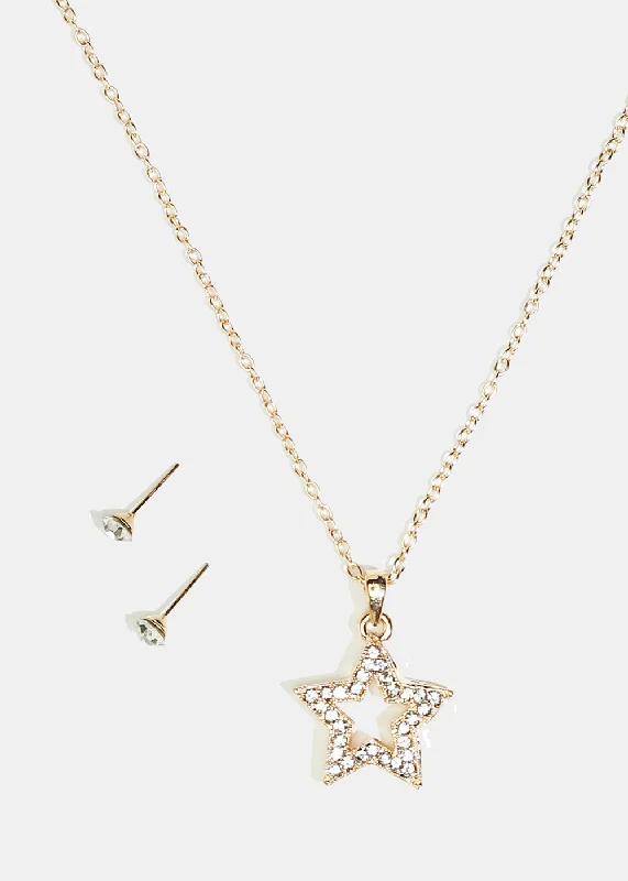 Pearl Chain Pendant Necklace-Rhinestone Star Necklace & Earring Set