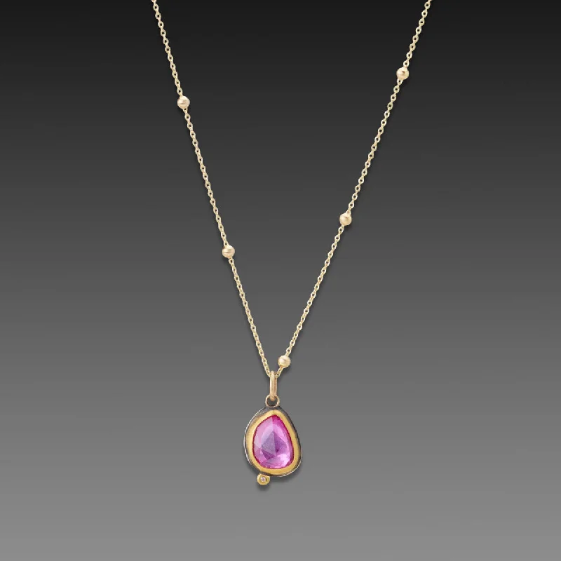 Sterling Silver Bar Necklace-Pink Sapphire Necklace with Diamond