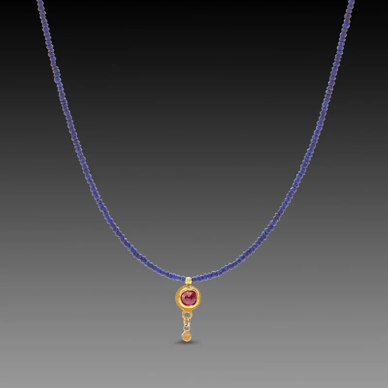 Minimalist Gold Necklace-Delicate Lapis and Ruby Necklace