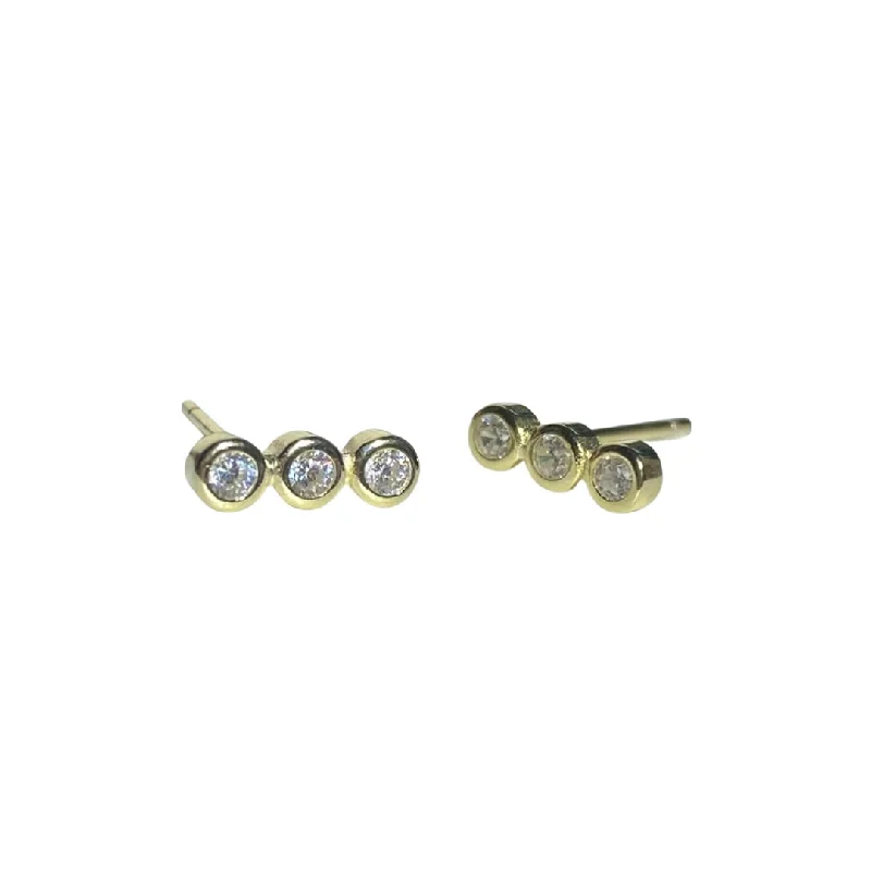 Big Gold Earrings-Amy Three Bezel Cluster Bar Studs