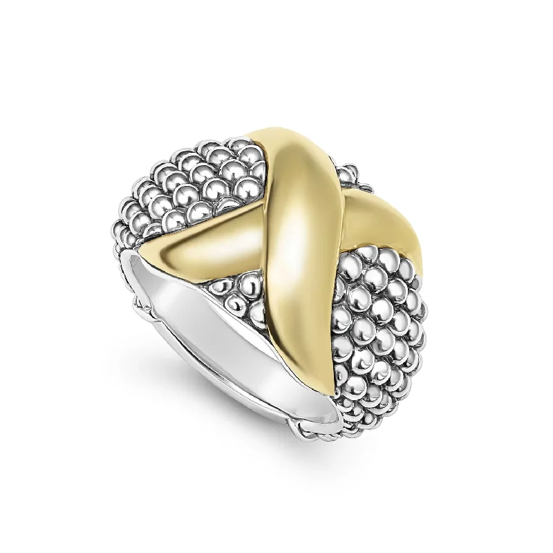 Adjustable Silver Band Ring-Lagos Sterling Silver & 18K Yellow Gold Embrace X Caviar Wide Dome Ring