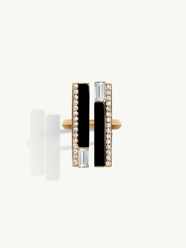 Boho Style Ring-Invidia Black Onyx & Baguette-Cut White Diamond Ring With Pavé-Set Diamonds In 18K Yellow Gold