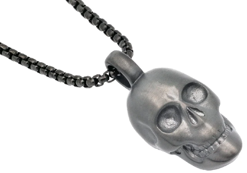 Designer Necklace for Weddings-Mens Gun Metal Stainless Steel Skull Pendant Necklace With 24" Box Chain