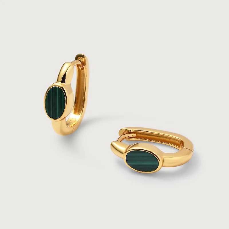 Big Gold Earrings-Love Huggie Hoops with Malachite