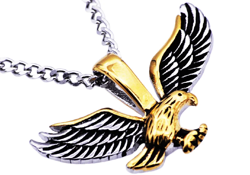 Unique Silver Necklace-Mens Gold Stainless Steel Eagle Pendant Necklace With 24" Curb Chain