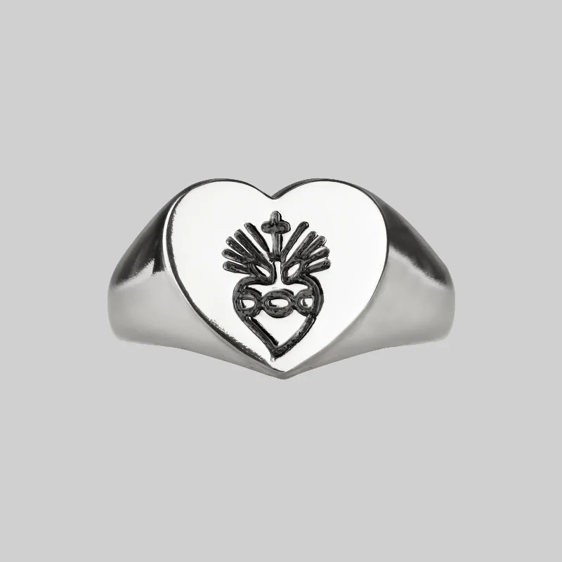 Custom Sapphire Wedding Band-ARDOUR. Sacred Heart Signet Ring - Silver