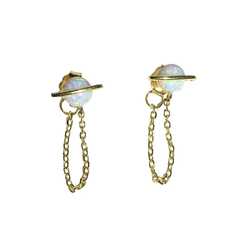 Colorful Gemstone Hoop Earrings-Opaline Saturn Chain White Opal Earrings