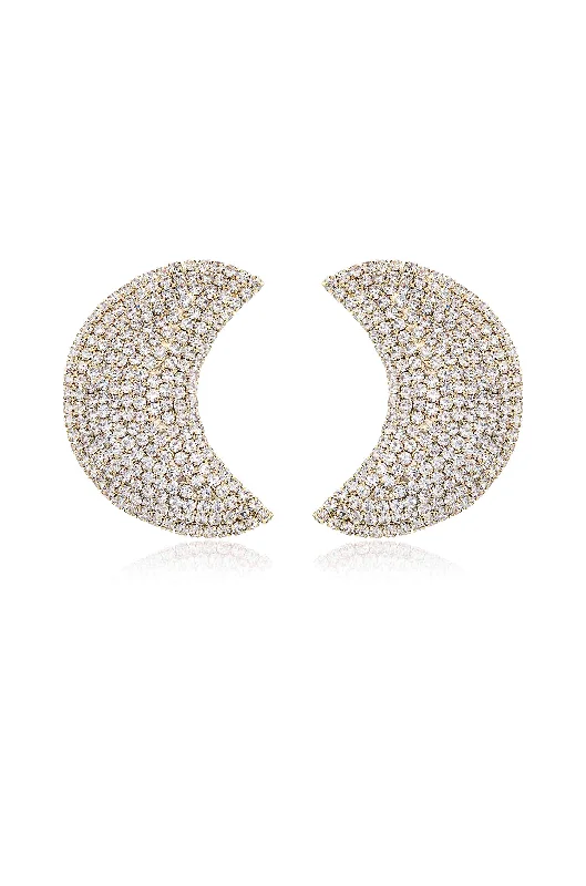 White Gold Earrings-Crystal Crescent Moon Large Stud Earrings