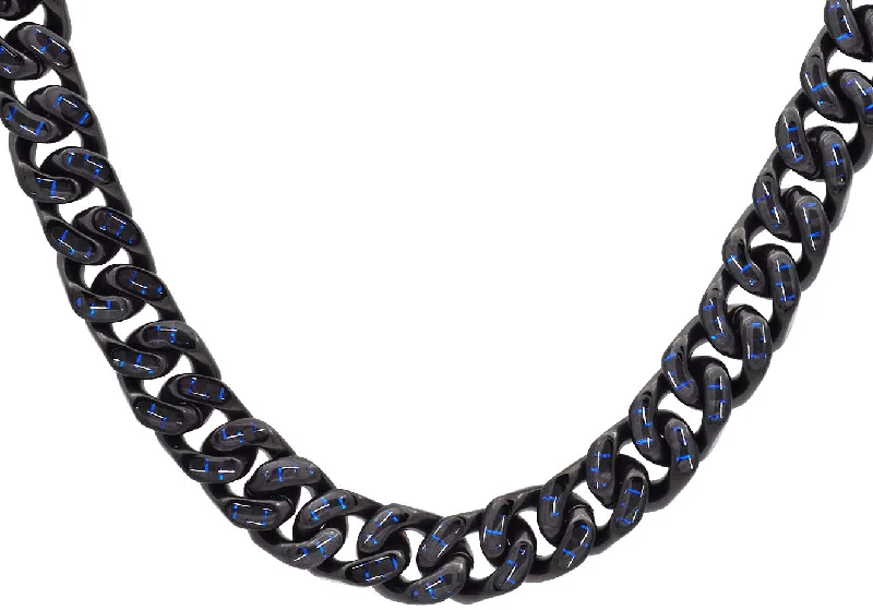 Minimalist Charm Necklace-Men's 12mm Black Plated Stainless Steel Cuban Link Chain Necklace With Blue Carbon Fiber