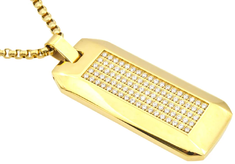 Crystal Charm Necklace-Mens Gold Plated Stainless Steel CZ Dog Tag Pendant Necklace With 24" Round Box Chain