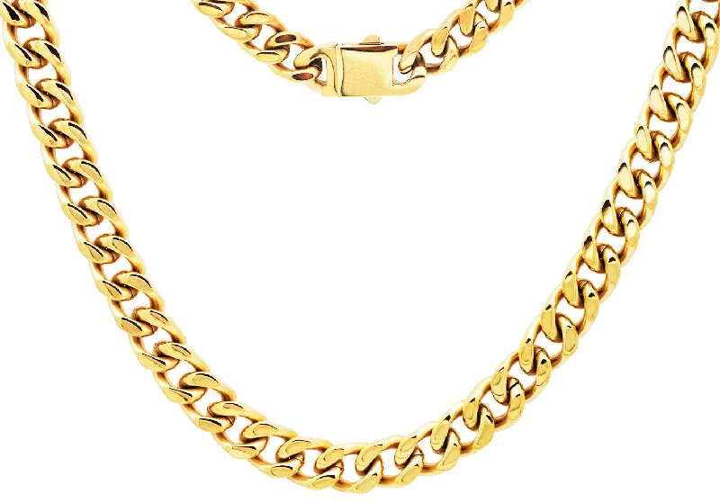 Silver Chain with Gemstone-Mens 10mm Gold Plated Stainless Steel Cuban Link Chain Necklace