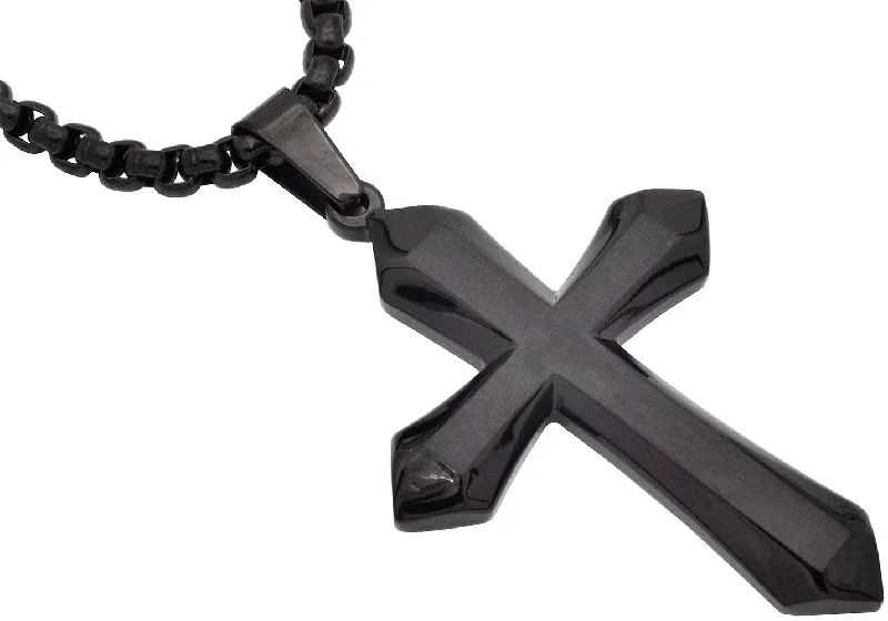 Fashionable Choker Necklace-Mens Black Plated Stainless Steel Cross Pendant Necklace with 24" Round Box Chain