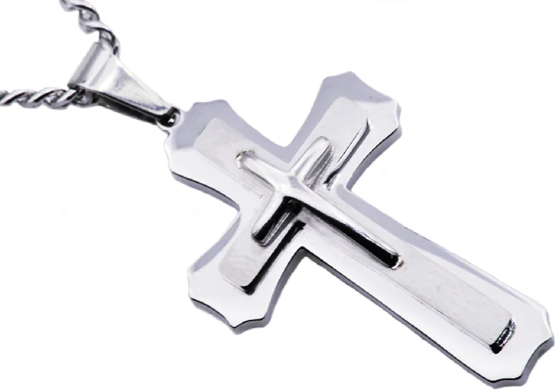 Layered Crystal Necklace-Mens Stainless Steel Layered Cross Pendant Necklace