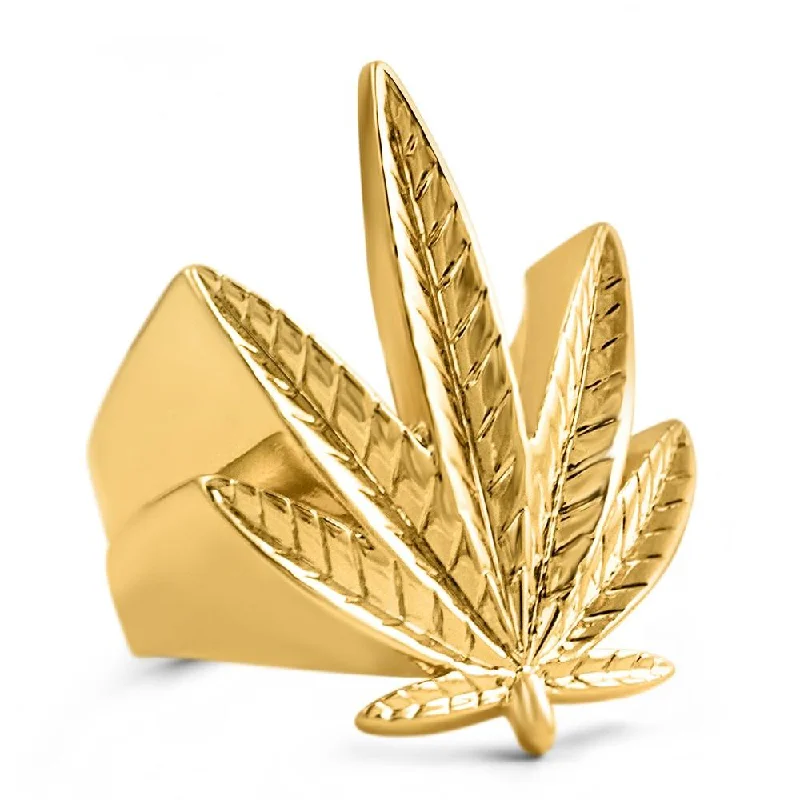 Diamond Wedding Ring with Custom Engraving-Marijuana Leaf Pot 420 Stoners Gold Ring