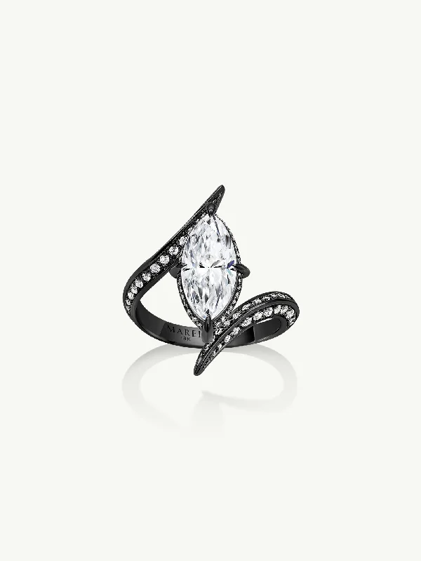 Large Cocktail Ring-Ayla Arabesque Engagement Ring With Marquise-Cut White Diamond & Pavé-Set Brilliant White Diamonds In 18K Blackened Gold