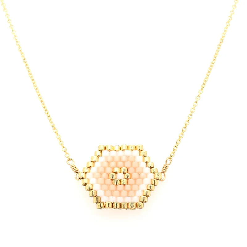 Adjustable Gold Necklace-Seed Bead Hexagon Pink Necklace