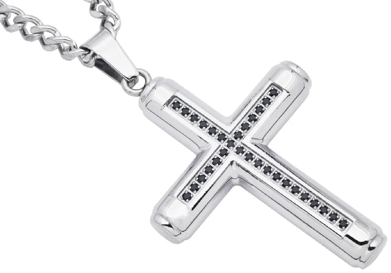 Opal Necklace for Women-Mens Stainless Steel Cross Pendant Necklace With Black Cubic Zirconia with 24" Curb Box Chain