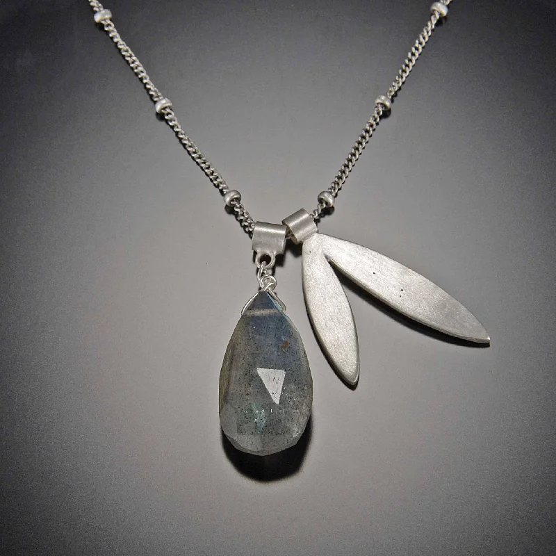 Long Chain Pendant Necklace-Large Faceted Labradorite and Leaf Charm Necklace