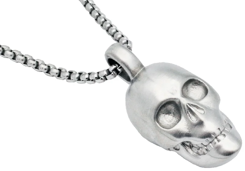 Silver Chain Necklace-Mens Stainless Steel Skull Pendant Necklace With 24" Box Chain