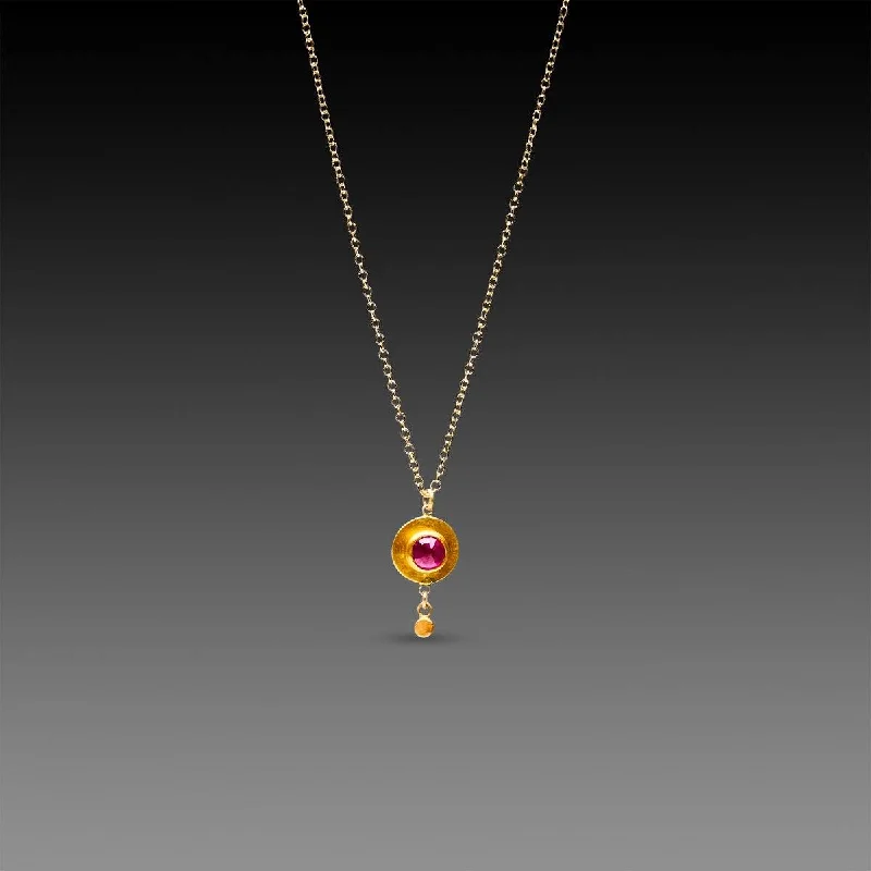 Silver Bar Necklace-Ruby and Gold Disk Necklace