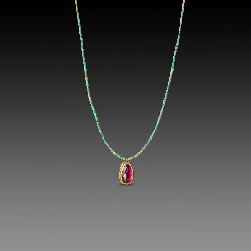 Bold Silver Necklace-Rhodolite Garnet and Turquoise Beaded Necklace