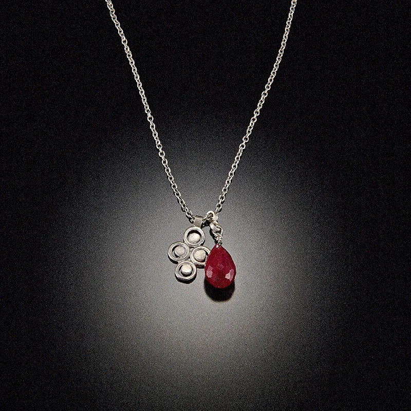 Bridal Gemstone Necklace-Small Filigree Charm Necklace with Ruby Drop