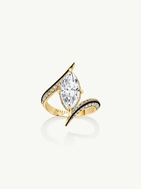 Classic Wedding Ring-Ayla Arabesque Engagement Ring With Marquise-Cut White Diamond, Pavé-Set Brilliant White Diamonds & Enamel In 18K Yellow Gold