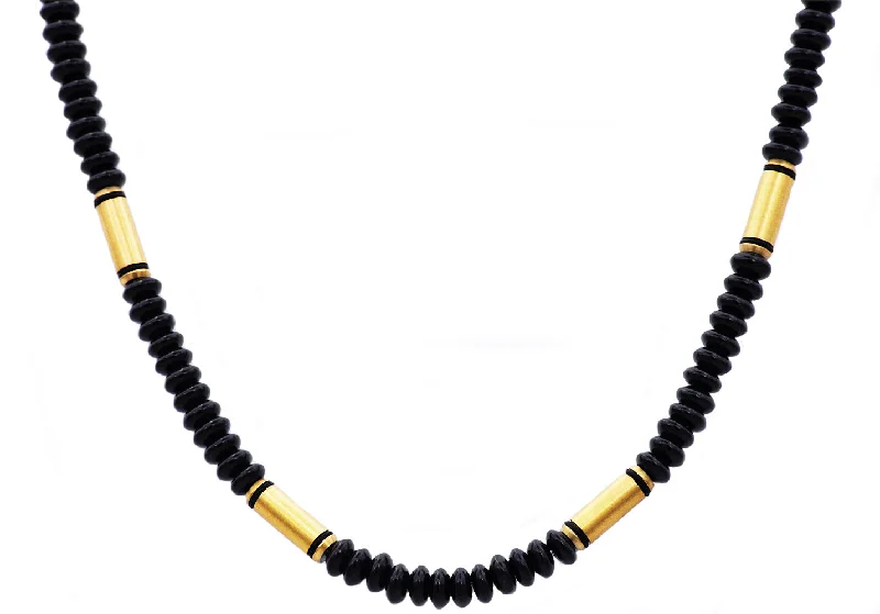 Modern Gold Necklace-Mens Genuine Onyx Gold Stainless Steel Disk Link Chain Necklace