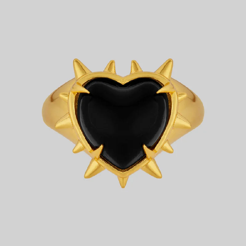 Adjustable Birthstone Ring-VOID. Spiked Black Glass Heart Ring - Gold